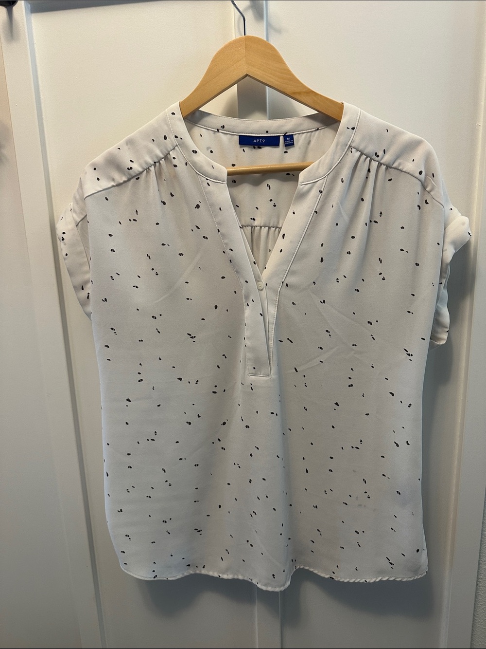 A.P.C. White Short-Sleeve V-Slit Blouse with Black Fleck Print